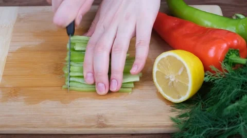 Cutting fresh green pepper Video stock 232875774