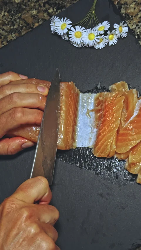 Cutting Fresh Salmon with Knife Stock Footage 277102712