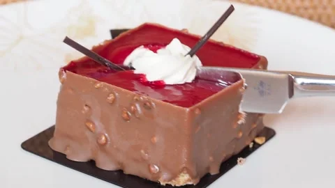 Cutting Into A Gourmet Chocolate and Raspberry Sponge Cake, Netherlands Stock-Footage 274440485