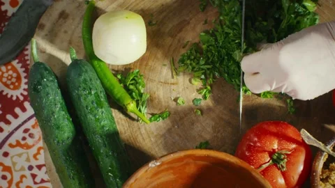 Cutting greens for salad Stock Footage 138127762