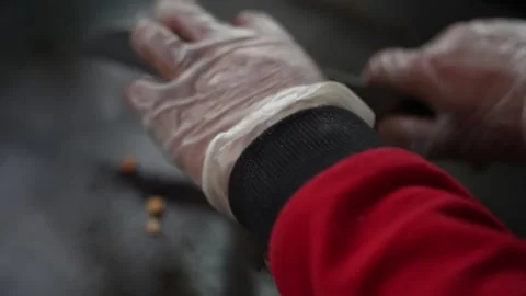 Cutting grilled chicken roll for serving 스톡 동영상 306937931