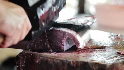 Cutting Hard Fish With Heavy Tool At Old Public Market Puerto Princesa Palawan Vídeos de archivo 334707225