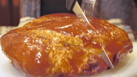 Cutting Honey Baked Ham Stock Footage 126756571