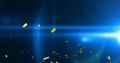 Cutting horizontal blue beam crossing navy backdrop, scattering gold confetti Stock Illustration