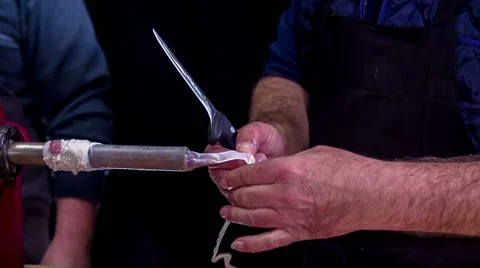 Cutting the intestines where there is no more sausage Stock Footage 59740090