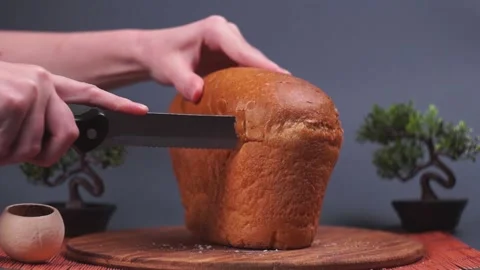 Cutting with a Knife Crusty Artisan Bread in the Kitchen Stock Footage 217408105