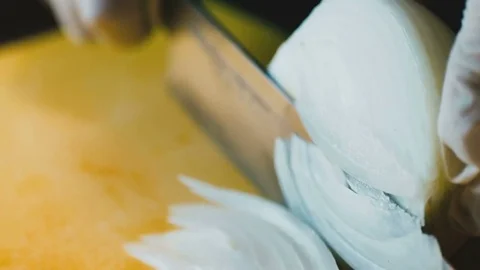 Cutting knife of white onions Stock Footage 73216758