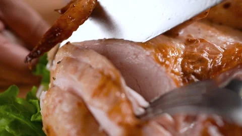 Cutting into layers of baked chicken. View from above. Stock Footage 250320622