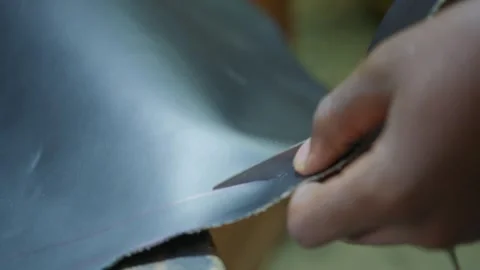 Cutting Leather using Scissors in Shoemaking 4 스톡 동영상 346502721