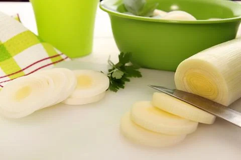 Cutting of leek Stock Photos