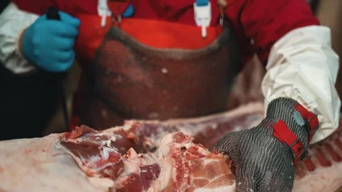 Cutting meat from bones. Meat processing plant Video stock 241010116