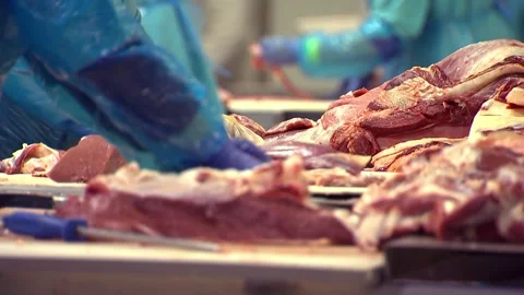 Cutting meat in the cutting shop, working people, meat products Stock Footage 104931801