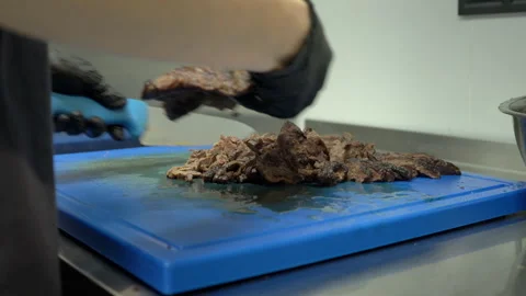 Cutting meat steak for shawarma. Stock Footage 278996406