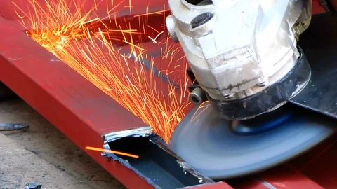 Cutting metal using manual electric saw Stock Footage