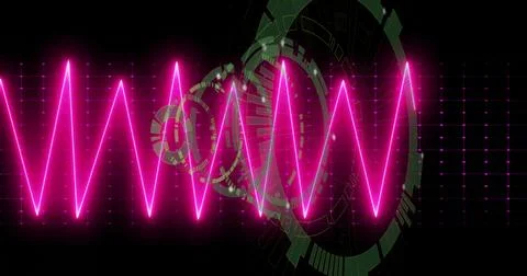 Cutting neon pink zigzag waveform across dark interface, with green HUD circles Illustration