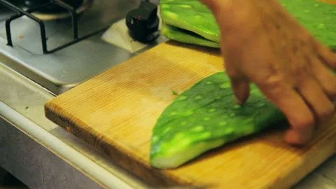 Cutting Nopal for Salsa Verde _26 Stock Footage 135895582