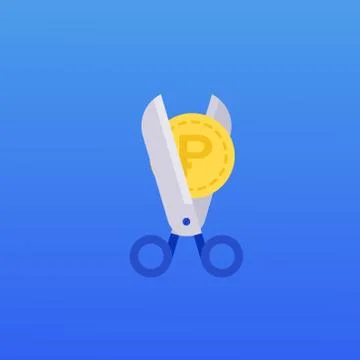 Cutting or lowering price concept. Scissors cutting money bill in half. Stock Illustration