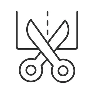 Cutting paper icon in line design. Scissors, cut, paper, trim, edit, tool, craft Stock Illustration