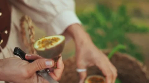 Cutting passion fruit for a rustic dish in a natural setting with attention to Stock Footage 306162720