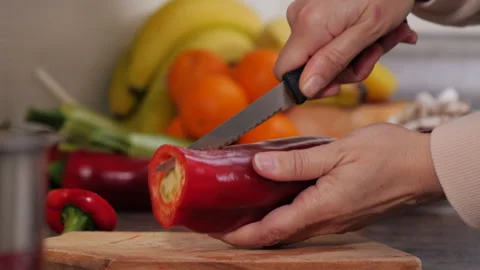 Cutting peppers close up Stock Footage 153988951