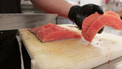 The Cutting Of Perfect Shaped Pieces Of Fish Stock Footage 283473342