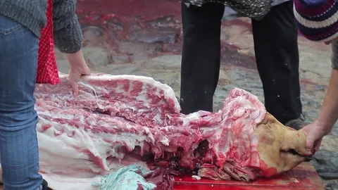 Cutting A Pig Head with Ax Stock Footage 70554649