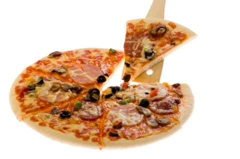 Cutting pizza on white background Foto stock