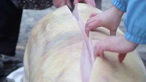 Cutting A Pork Bacon Stockbeeldmateriaal 70554610