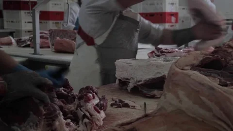 Cutting pork with knife Stock Footage 80126031