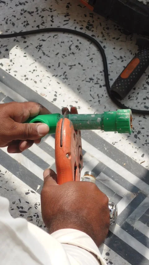 Cutting A PPR Pipe With A Pipe Cutter, First Person POV Stock Footage 346596185