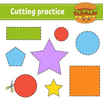 Cutting practice for kids. Education developing worksheet. Activity page with Stock Illustration