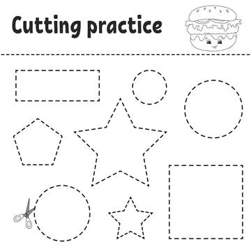 Cutting practice for kids. Education developing worksheet. Activity page with Stock Illustration