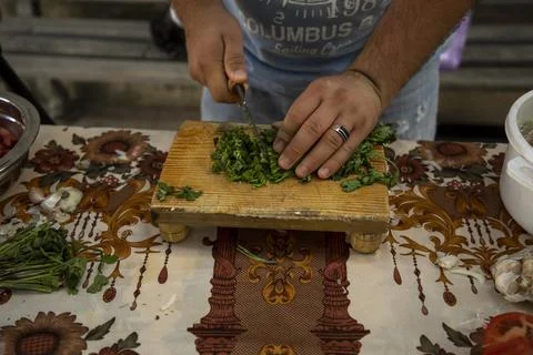 Cutting process of coriander in a hand Fotos Stock