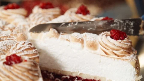 Cutting Raspberry Cream Cake  Stock Footage 113324800