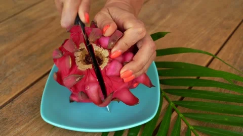 Cutting the red pitahaya fruit Stock Footage 227455443