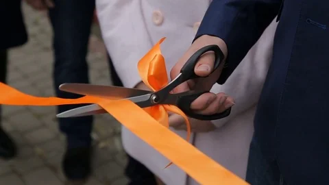Cutting ribbon for grand opening Stock Footage