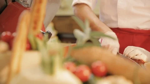 Cutting salami with a professional knife Stock Footage 86737139