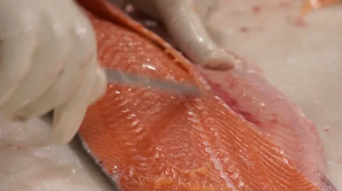 Cutting salmon fillet close up Stock Footage 36991431