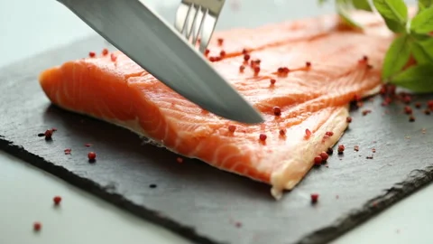 Cutting salmon fillet Stock Footage 94221958