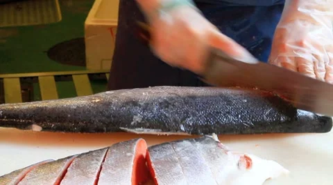 Cutting a salmon. Stock Footage 8600827