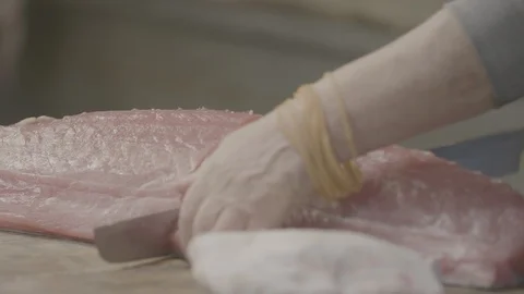 Cutting Slices From A Large Tuna Fish At The Tsukiji Fish Market In Japan13 Video stock 101322892
