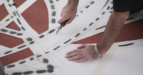 Cutting spray-marked template - urban art, design process and floor layout Stock Footage 309633028