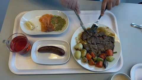 Cutting a steak with a knife and fork, Chinese and Western food 스톡 동영상 300314374