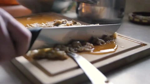 Cutting steaming Eggplant, Slow Motion Stock Footage 149895163