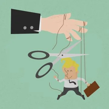Cutting the strings of a business man puppet, giving it freedom Stock Illustration