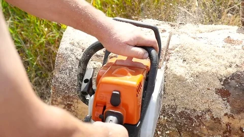 Cutting through wood with chainsaw Stock Footage 70845915