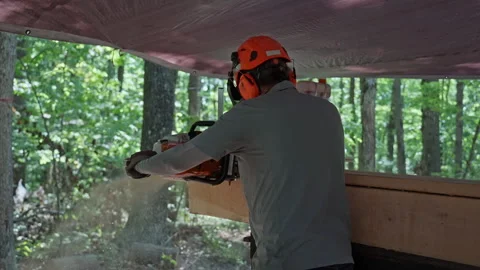 Cutting Timber: Operator with Chainsaw and Safety Gear from Behind Video stock 321308332