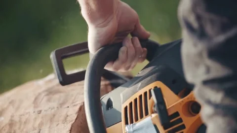 Cutting tree with Chainsaw falling down on the ground after Storm Arborist cuts Stock Footage 336570730