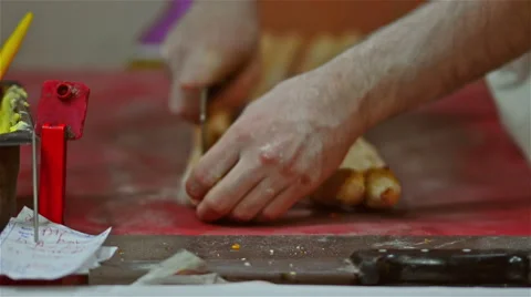 Cutting of Turkish pide Stock Footage 57667839