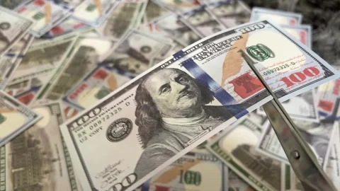Cutting up USD dollars bills notes 100 cash money destroying currency economy Stock Footage 336687340